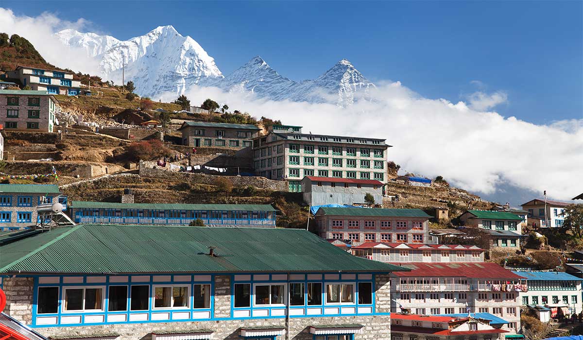 view of namche bazar and mount thamserku